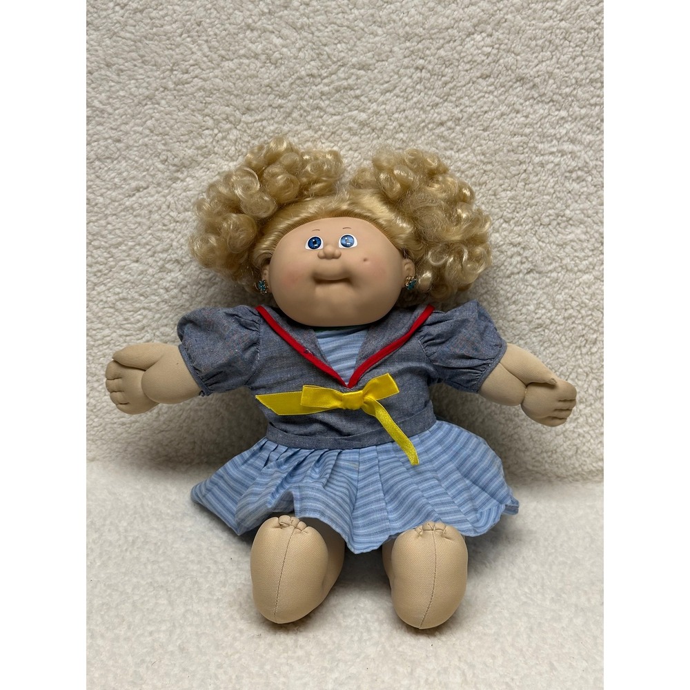 Cabbage Patch Kids Doll Blue Sailor Dress Blonde Curly Pigtails Vintage 1986